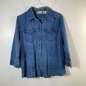 Womens Vintage Faded Glory Pearl Snap Western Shirt 3/4 Sleeve Blue L Cotton